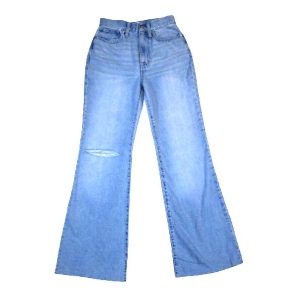 Madewell Baggy Flare Jeans Size 25 Blue Distressed High Waisted Raw Hem Tencel - Picture 1 of 13